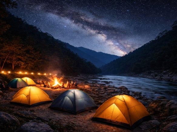 Riverside camping tents near the Ganga river valley in Rishikesh surrounded by Himalayan foothills