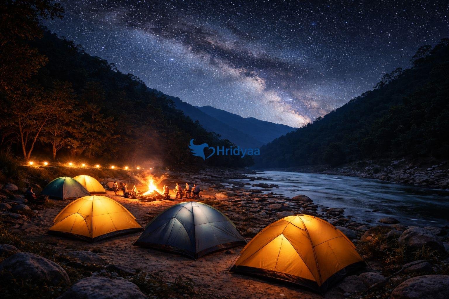 Riverside camping tents near the Ganga river valley in Rishikesh surrounded by Himalayan foothills