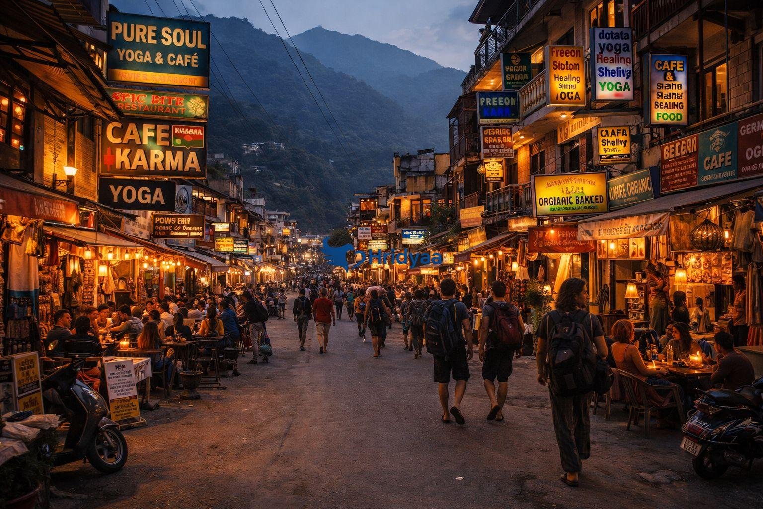 evening cafe scene in tapovan rishikesh with lights and travelers
